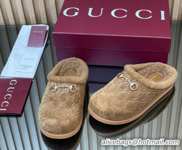 Classic Practical Gucci GG Suede and Wool Flat Mules with Horsebit Brown 836057 1020005