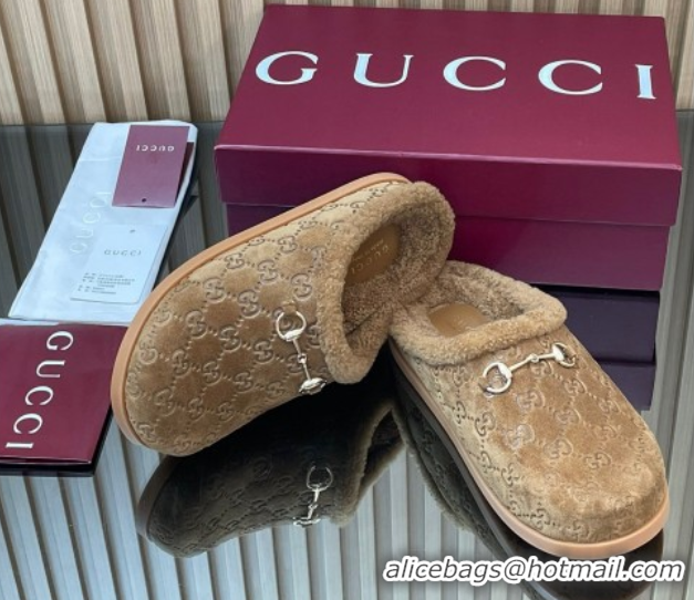 Classic Practical Gucci GG Suede and Wool Flat Mules with Horsebit Brown 836057 1020005