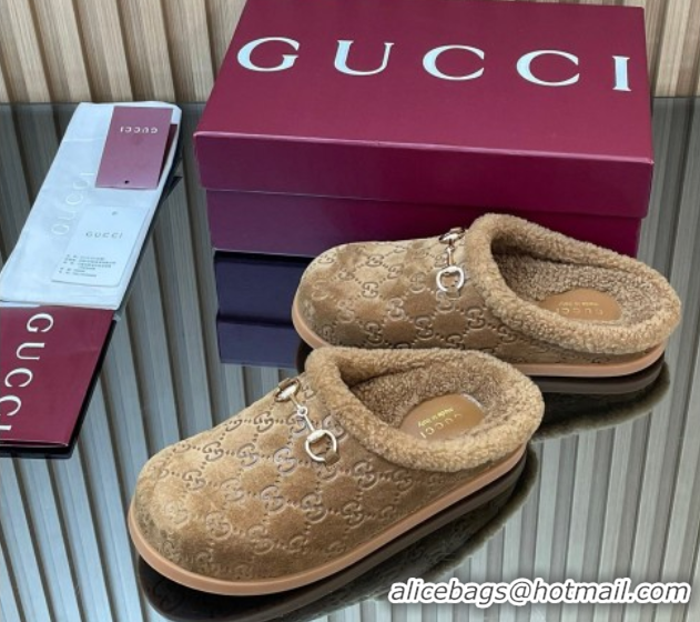 Classic Practical Gucci GG Suede and Wool Flat Mules with Horsebit Brown 836057 1020005