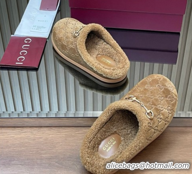 Classic Practical Gucci GG Suede and Wool Flat Mules with Horsebit Brown 836057 1020005