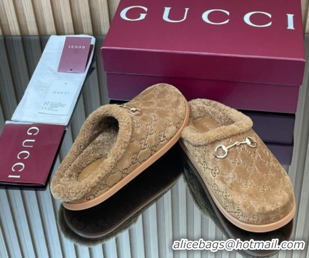 Classic Practical Gucci GG Suede and Wool Flat Mules with Horsebit Brown 836057 1020005