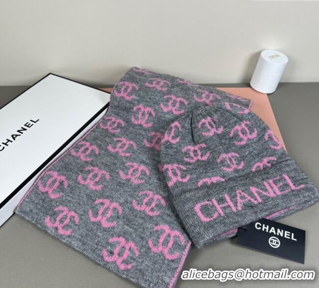 Best Product Chanel CC Allover Hat and Scarf Set CH111108 Grey/Pink 2025
