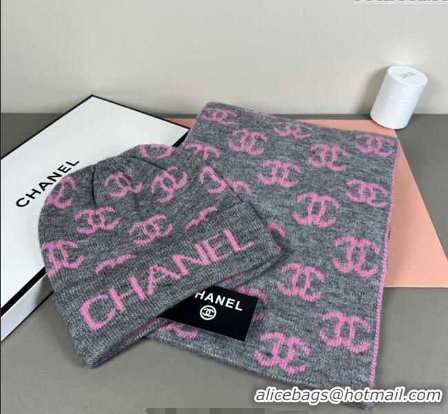 Best Product Chanel CC Allover Hat and Scarf Set CH111108 Grey/Pink 2025