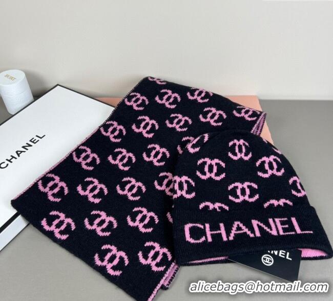 Top Quality Chanel CC Allover Hat and Scarf Set CH111108 Black/Pink 2025