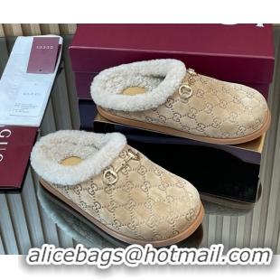 Low Cost Gucci GG Suede and Wool Flat Mules with Horsebit Beige 836057 1020006