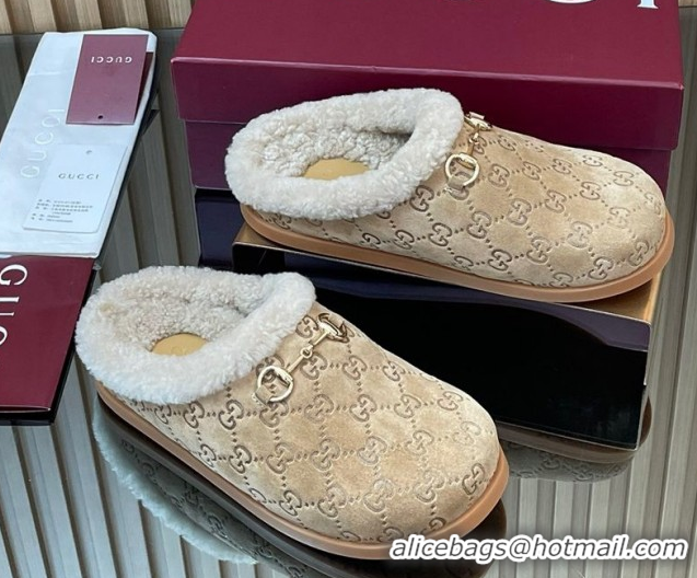 Low Cost Gucci GG Suede and Wool Flat Mules with Horsebit Beige 836057 1020006
