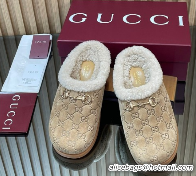 Low Cost Gucci GG Suede and Wool Flat Mules with Horsebit Beige 836057 1020006
