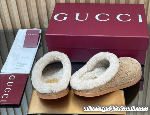 Low Cost Gucci GG Suede and Wool Flat Mules with Horsebit Beige 836057 1020006