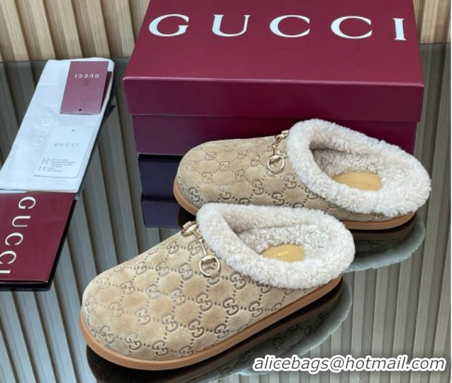 Low Cost Gucci GG Suede and Wool Flat Mules with Horsebit Beige 836057 1020006