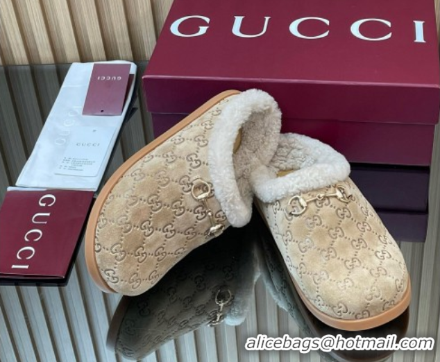 Low Cost Gucci GG Suede and Wool Flat Mules with Horsebit Beige 836057 1020006