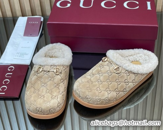 Low Cost Gucci GG Suede and Wool Flat Mules with Horsebit Beige 836057 1020006