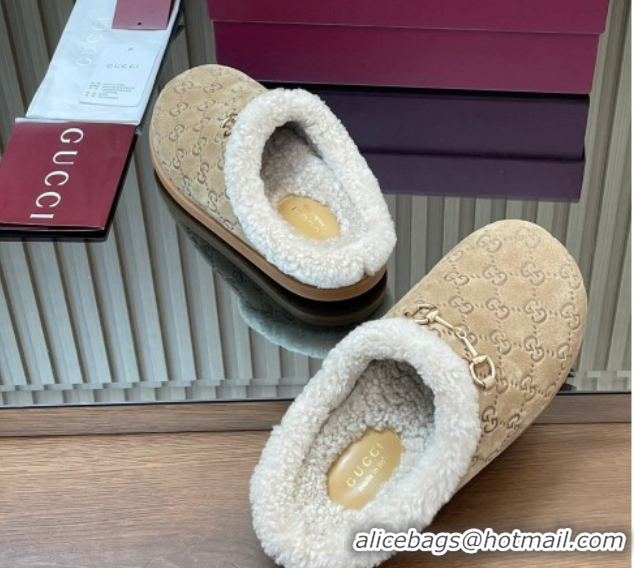 Low Cost Gucci GG Suede and Wool Flat Mules with Horsebit Beige 836057 1020006