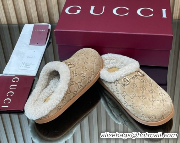 Low Cost Gucci GG Suede and Wool Flat Mules with Horsebit Beige 836057 1020006