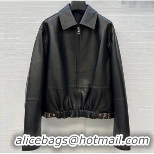 Luxury Cheap Loewe Belted Sheepskin Leather Jacket LW101502 Black 2025