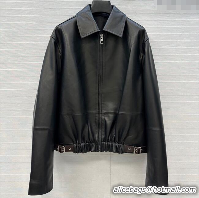 Luxury Cheap Loewe Belted Sheepskin Leather Jacket LW101502 Black 2025