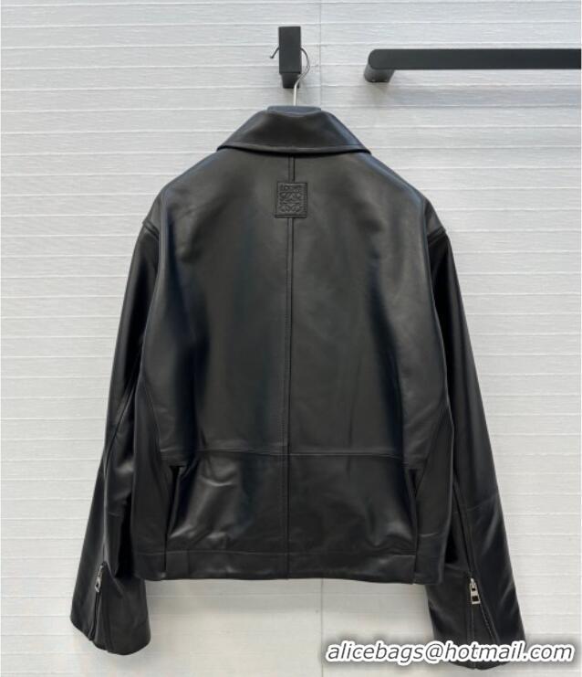 Luxury Cheap Loewe Belted Sheepskin Leather Jacket LW101502 Black 2025