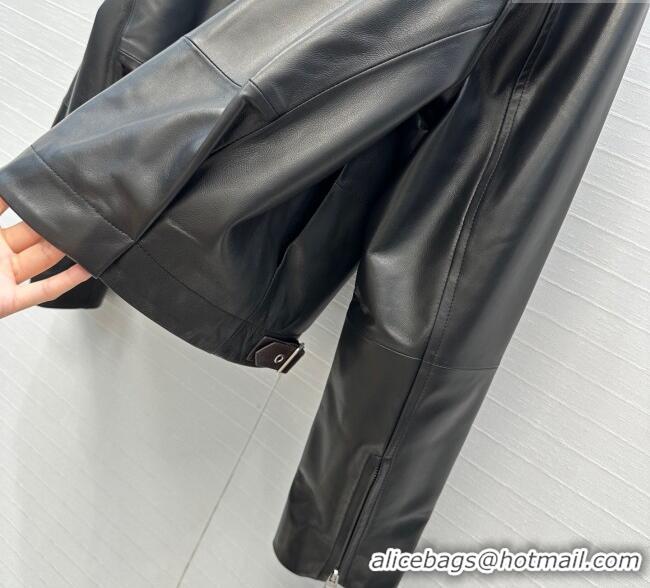 Luxury Cheap Loewe Belted Sheepskin Leather Jacket LW101502 Black 2025