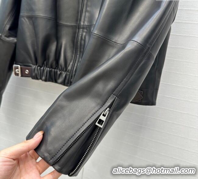 Luxury Cheap Loewe Belted Sheepskin Leather Jacket LW101502 Black 2025