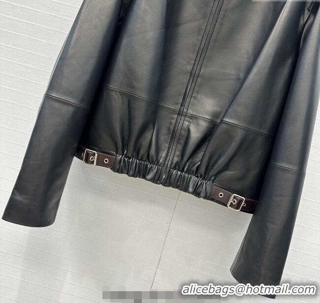 Luxury Cheap Loewe Belted Sheepskin Leather Jacket LW101502 Black 2025