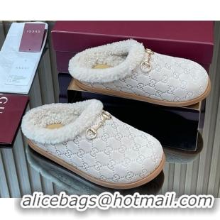 Popular Style Gucci GG Suede and Wool Flat Mules with Horsebit Pale Grey 836057 1020007