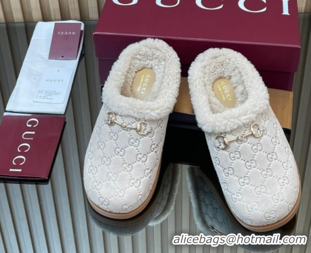 Popular Style Gucci GG Suede and Wool Flat Mules with Horsebit Pale Grey 836057 1020007