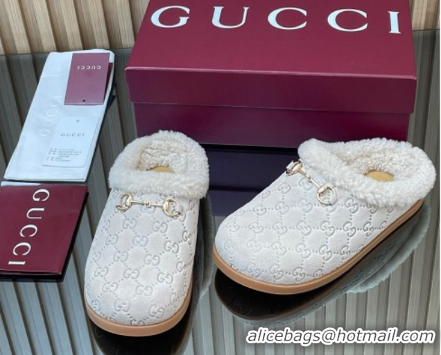 Popular Style Gucci GG Suede and Wool Flat Mules with Horsebit Pale Grey 836057 1020007