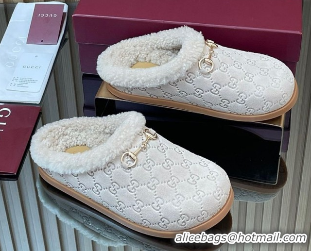 Popular Style Gucci GG Suede and Wool Flat Mules with Horsebit Pale Grey 836057 1020007