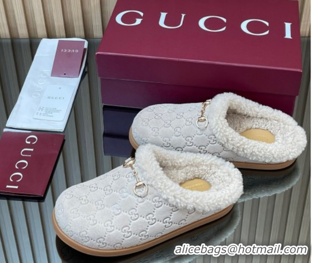 Popular Style Gucci GG Suede and Wool Flat Mules with Horsebit Pale Grey 836057 1020007