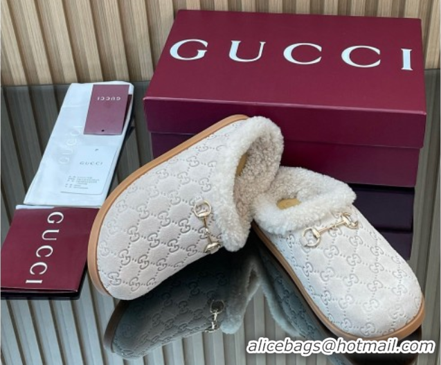 Popular Style Gucci GG Suede and Wool Flat Mules with Horsebit Pale Grey 836057 1020007