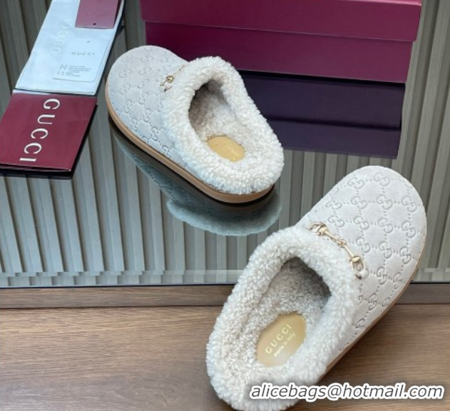 Popular Style Gucci GG Suede and Wool Flat Mules with Horsebit Pale Grey 836057 1020007