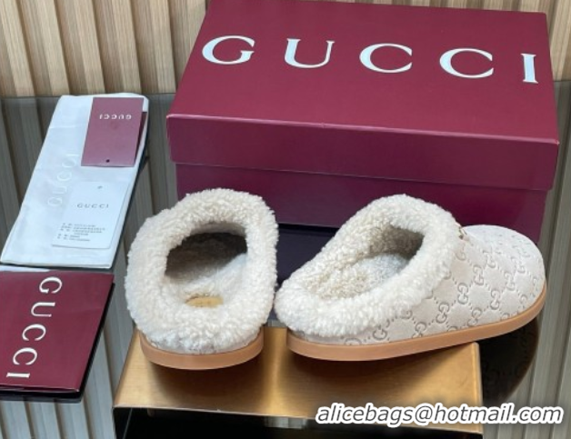 Popular Style Gucci GG Suede and Wool Flat Mules with Horsebit Pale Grey 836057 1020007