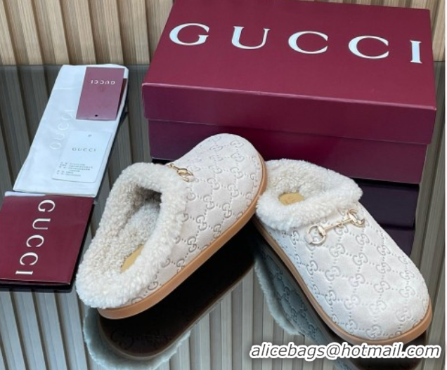 Popular Style Gucci GG Suede and Wool Flat Mules with Horsebit Pale Grey 836057 1020007