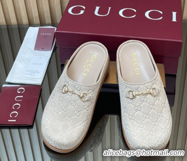 Sumptuous Gucci GG Suede Flat Mules with Horsebit Pale Grey 836057 1020008