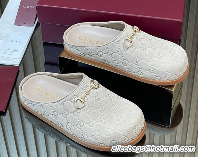 Sumptuous Gucci GG Suede Flat Mules with Horsebit Pale Grey 836057 1020008