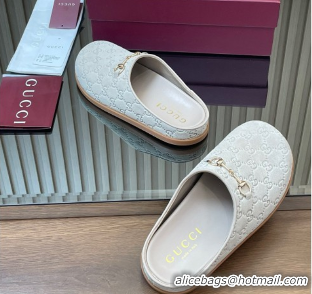 Sumptuous Gucci GG Suede Flat Mules with Horsebit Pale Grey 836057 1020008