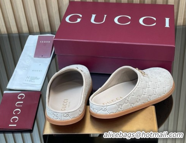 Sumptuous Gucci GG Suede Flat Mules with Horsebit Pale Grey 836057 1020008
