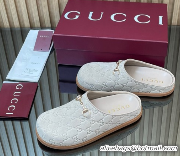 Sumptuous Gucci GG Suede Flat Mules with Horsebit Pale Grey 836057 1020008