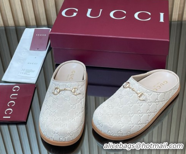 Sumptuous Gucci GG Suede Flat Mules with Horsebit Pale Grey 836057 1020008