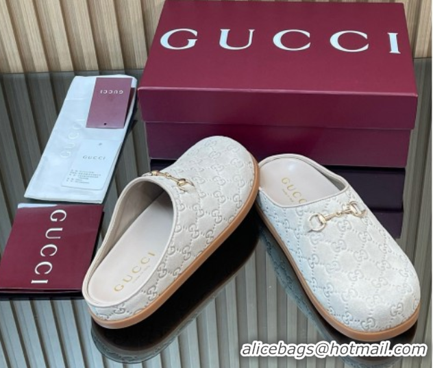 Sumptuous Gucci GG Suede Flat Mules with Horsebit Pale Grey 836057 1020008