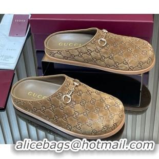 Stylish Gucci GG Suede Flat Mules with Horsebit Light Brown 20252 836057 1020009