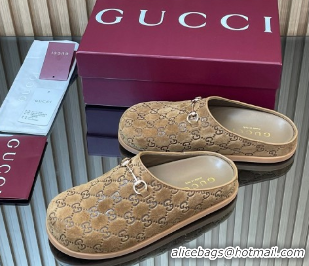 Stylish Gucci GG Suede Flat Mules with Horsebit Light Brown 20252 836057 1020009