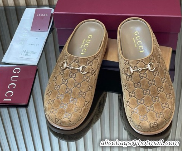 Stylish Gucci GG Suede Flat Mules with Horsebit Light Brown 20252 836057 1020009