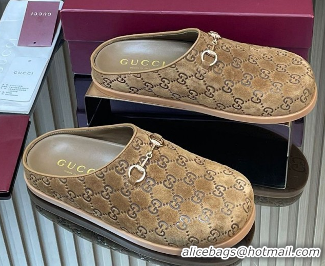 Stylish Gucci GG Suede Flat Mules with Horsebit Light Brown 20252 836057 1020009