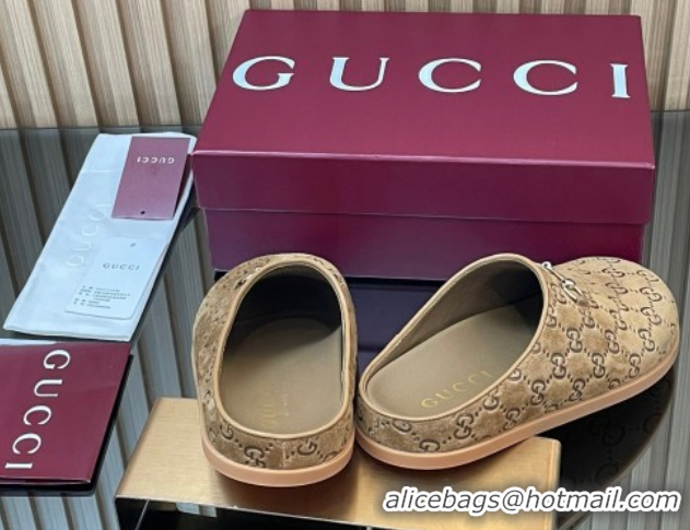 Stylish Gucci GG Suede Flat Mules with Horsebit Light Brown 20252 836057 1020009