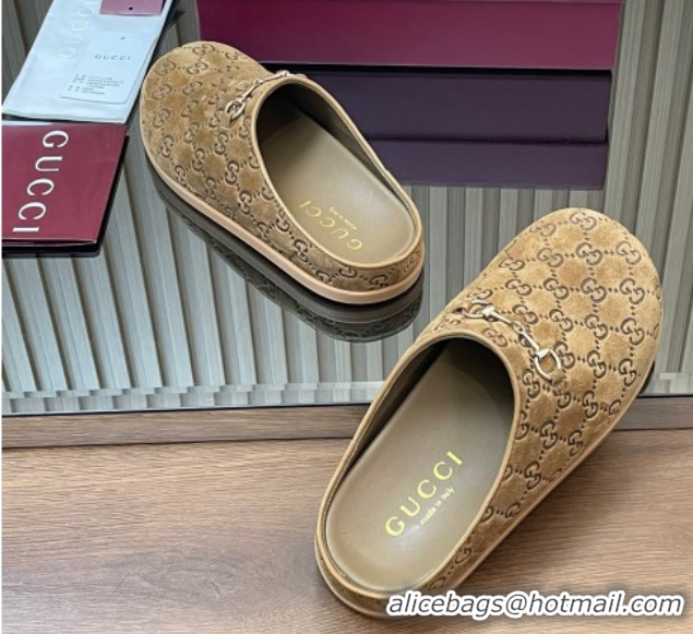 Stylish Gucci GG Suede Flat Mules with Horsebit Light Brown 20252 836057 1020009