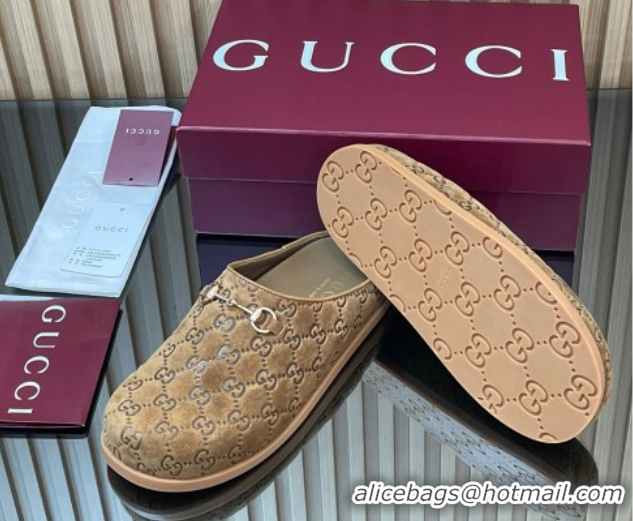 Stylish Gucci GG Suede Flat Mules with Horsebit Light Brown 20252 836057 1020009