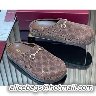 Classic Hot Gucci GG Suede Flat Mules with Horsebit Dark Brown 836057 1020010