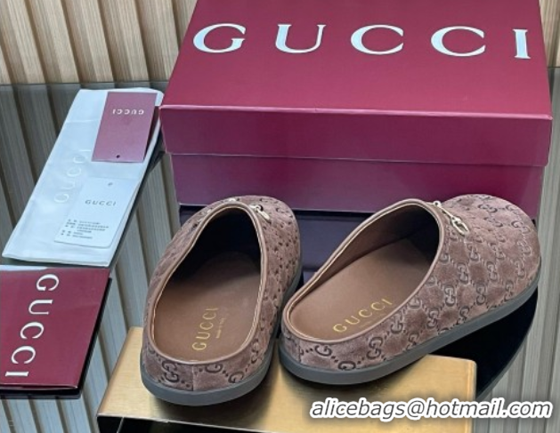 Classic Hot Gucci GG Suede Flat Mules with Horsebit Dark Brown 836057 1020010