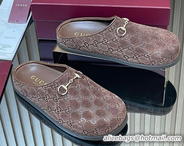 Classic Hot Gucci GG Suede Flat Mules with Horsebit Dark Brown 836057 1020010