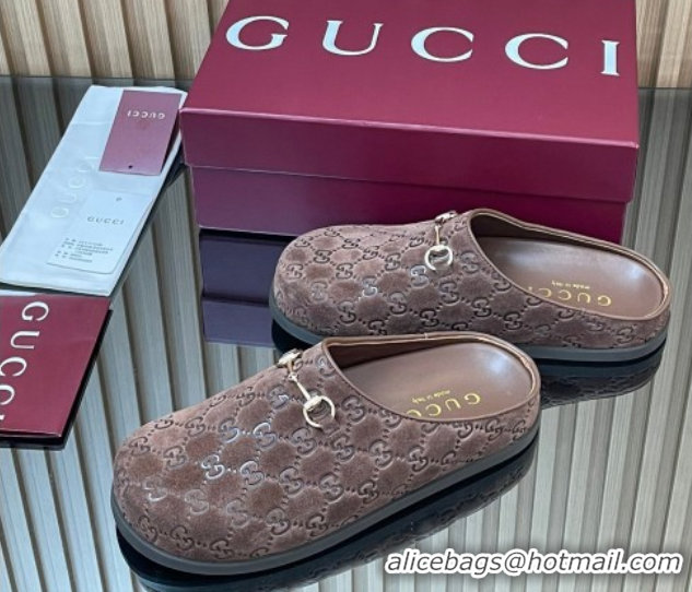 Classic Hot Gucci GG Suede Flat Mules with Horsebit Dark Brown 836057 1020010